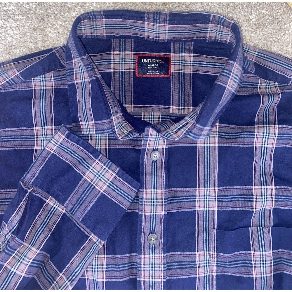 Untuckit Blue/Purple Gingham Check Plaid Shirt Mens XL Cotton Pocket Preppy